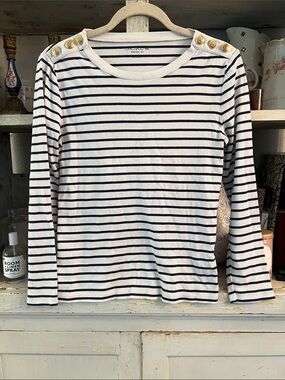 J. Crew White and Navy Striped Long Sleeve Tee with Gold Buttons Size M